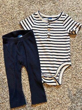 Old Navy Navy and White Striped Ribbed Bodysuit with Navy Ribbed Pants